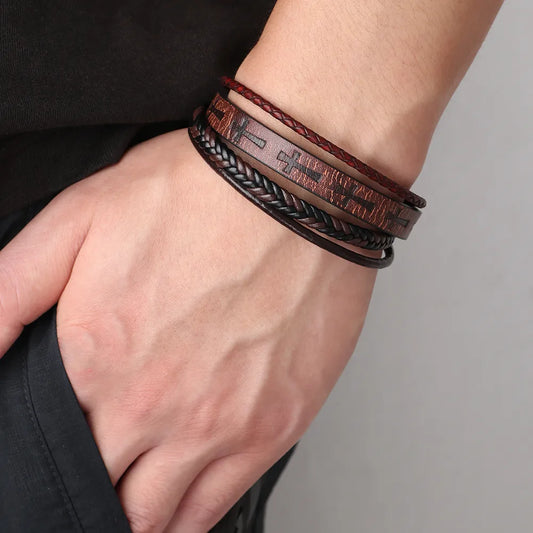 Luxurious Handmade Punk Cross Alloy Layered Braid Men'S Bracelets