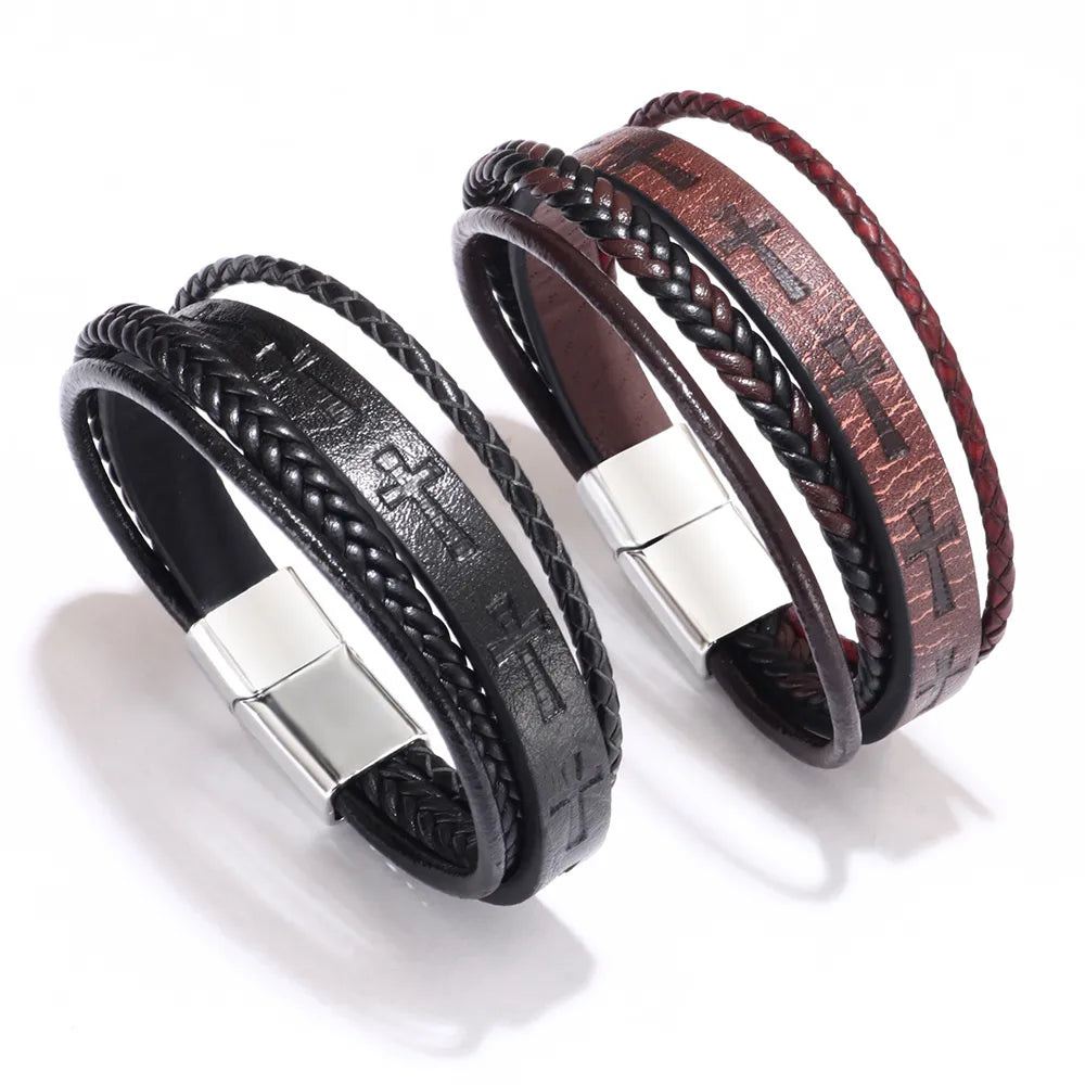 Luxurious Handmade Punk Cross Alloy Layered Braid Men'S Bracelets