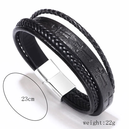 Luxurious Handmade Punk Cross Alloy Layered Braid Men'S Bracelets