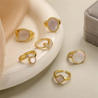 Luxurious Heart Shape Copper Plating Inlay Shell Zircon Gold Plated Open Rings