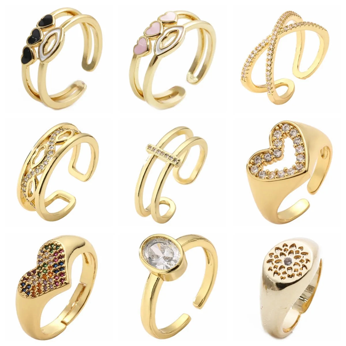 Luxurious Heart Shape Copper Plating Inlay Zircon Gold Plated Open Rings