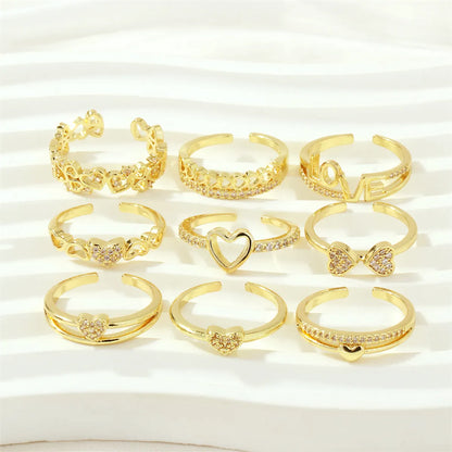 Luxurious Letter Heart Shape Copper 18k Gold Plated Zircon Open Rings In Bulk