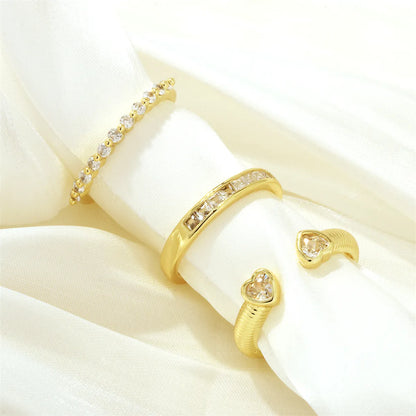 Luxurious Letter Heart Shape Copper 18k Gold Plated Zircon Open Rings In Bulk