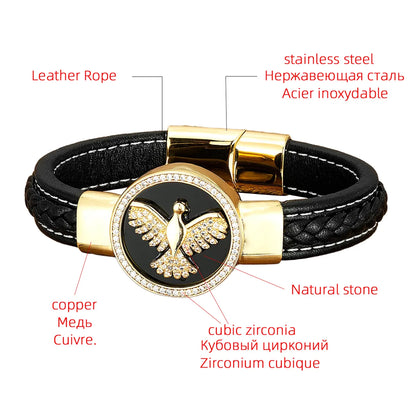 Luxurious Punk Animal Stainless Steel Pu Leather Copper Plating Inlay Natural Stone Zircon Men'S Bracelets