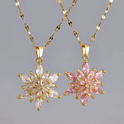 Luxurious Queen Snowflake Stainless Steel Plating Inlay Zircon 18k Gold Plated Pendant Necklace