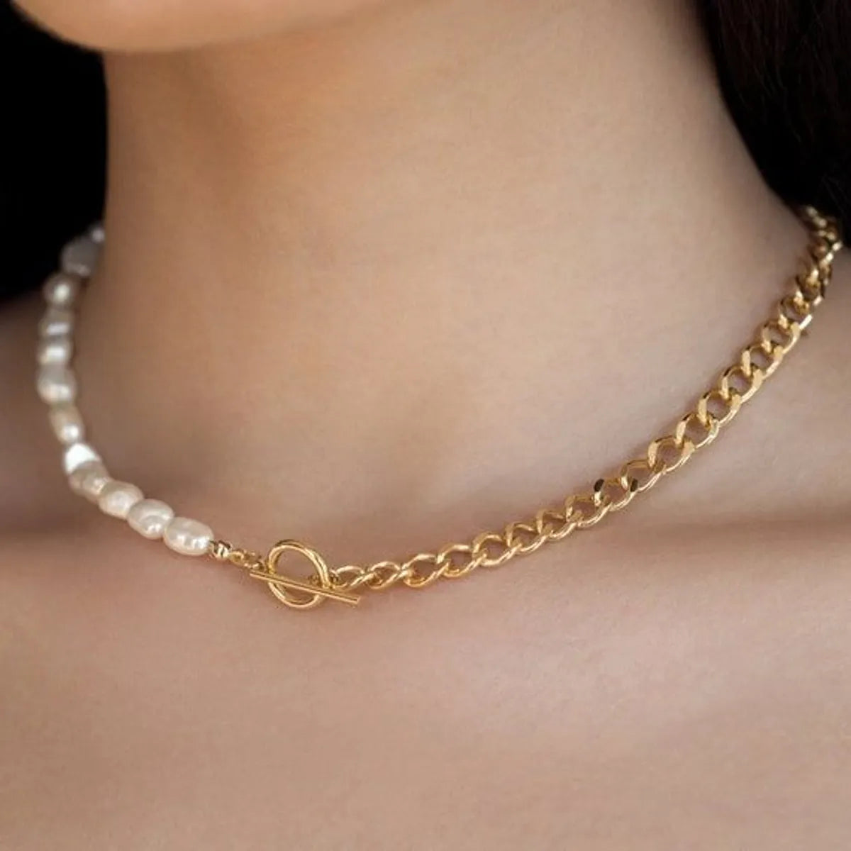 Luxurious Romantic Color Block Stainless Steel Freshwater Pearl Beaded Plating 18k Gold Plated Necklace