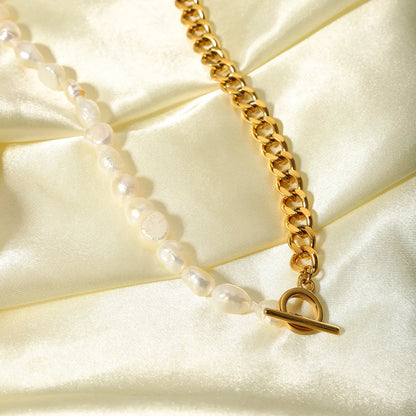 Luxurious Romantic Color Block Stainless Steel Freshwater Pearl Beaded Plating 18k Gold Plated Necklace