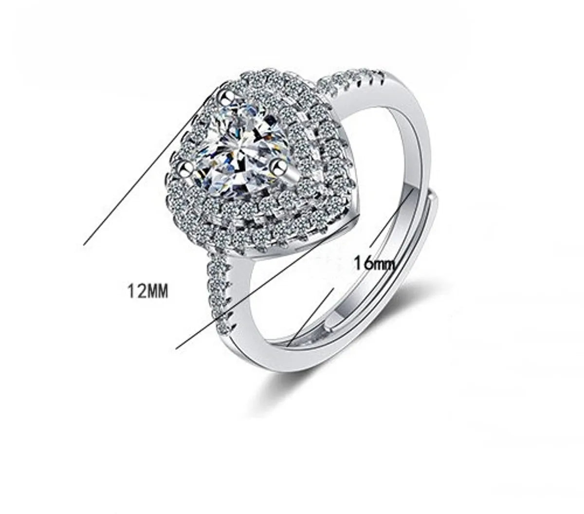 Luxurious Shiny Heart Shape Copper Plating Inlay Zircon White Gold Plated Open Rings