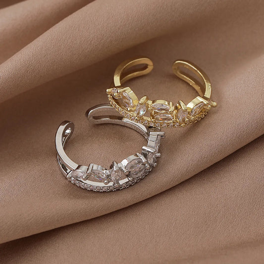 Luxurious Shiny Leaf Copper Plating White Gold Plated Gold Plated Open Rings