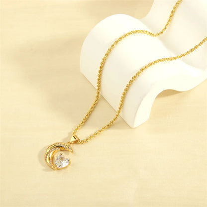 Luxurious Shiny Moon Heart Shape Copper 18k Gold Plated Zircon Pendant Necklace In Bulk