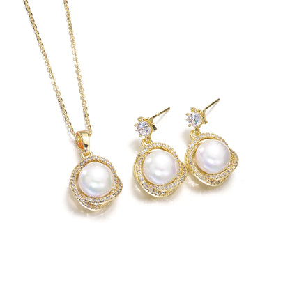 Luxurious Simple Style Round Brass Plating Inlay Pearl Zircon 18k Gold Plated Earrings Necklace