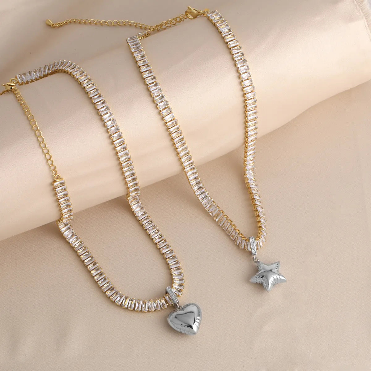 Luxurious Simple Style Shiny Star Heart Shape Copper 18k Gold Plated Silver Plated Zircon Pendant Necklace In Bulk