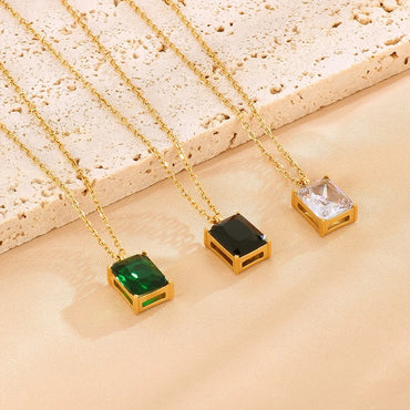 Luxurious Square Stainless Steel Inlay Zircon 18k Gold Plated Pendant Necklace