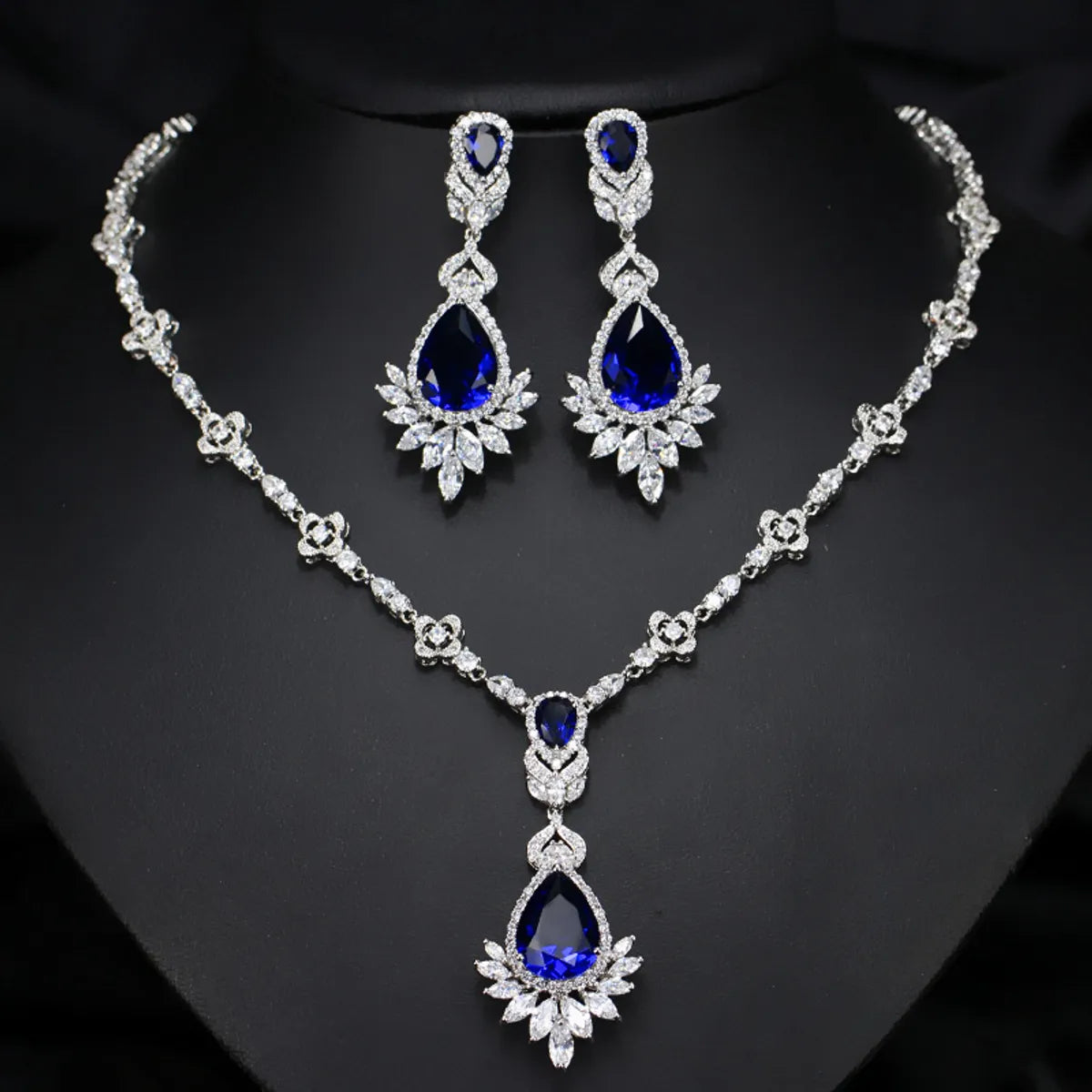 Luxurious Wedding Bridal Water Droplets Crown Copper Plating Inlay Artificial Gemstones White Gold Plated Rhodium Plated Jewelry Set