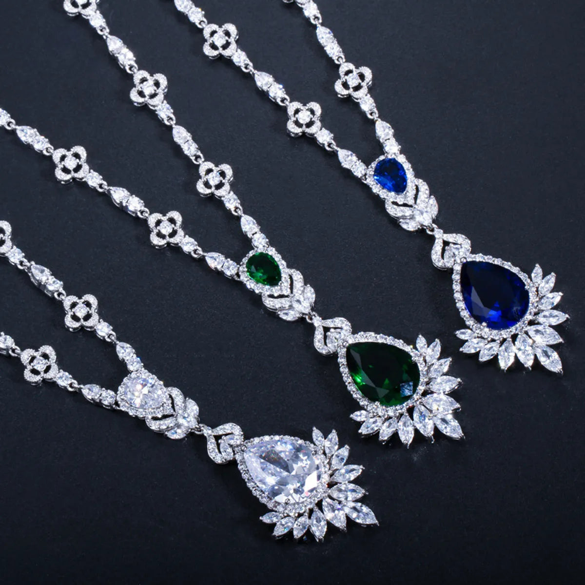 Luxurious Wedding Bridal Water Droplets Crown Copper Plating Inlay Artificial Gemstones White Gold Plated Rhodium Plated Jewelry Set