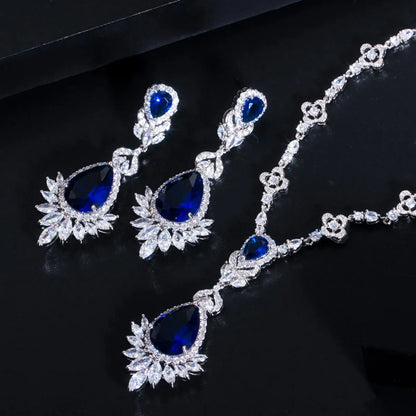 Luxurious Wedding Bridal Water Droplets Crown Copper Plating Inlay Artificial Gemstones White Gold Plated Rhodium Plated Jewelry Set