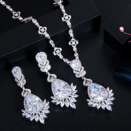 Luxurious Wedding Bridal Water Droplets Crown Copper Plating Inlay Artificial Gemstones White Gold Plated Rhodium Plated Jewelry Set