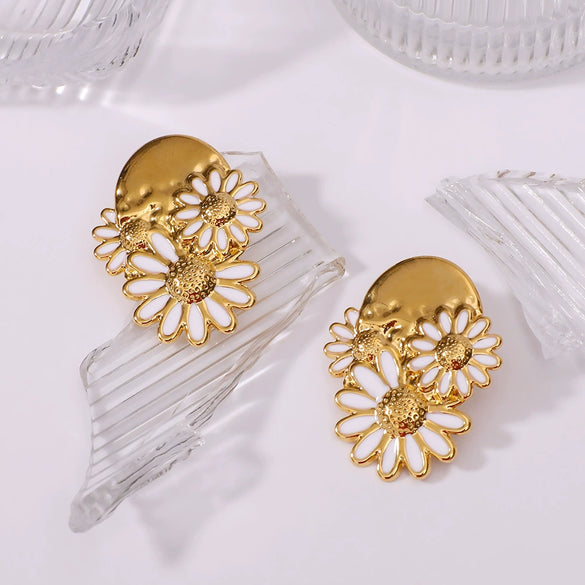 Luxury Chrysanthemum Daisy Earrings For Women Stainless Steel With 18K Furnace Vacuum Plating Geometric Style