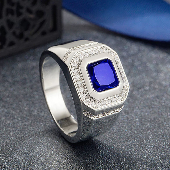 Luxury Copper Blue Zircon Ring With Micro Set Square Diamond Geometric Design Elegant Unisex Statement Jewelry