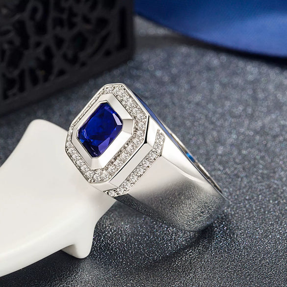 Luxury Copper Blue Zircon Ring With Micro Set Square Diamond Geometric Design Elegant Unisex Statement Jewelry