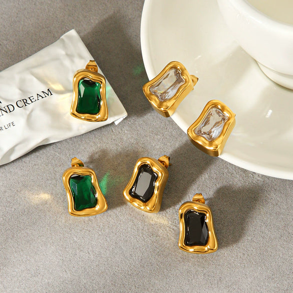 Luxury Electroplated Geometric Stainless Steel Earrings With Zircon Studs For Women