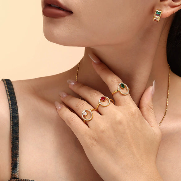 Luxury Geometric Line Opening Adjustable Titanium Steel Gold Plated Hand Inlaid Zircon Women's Ring