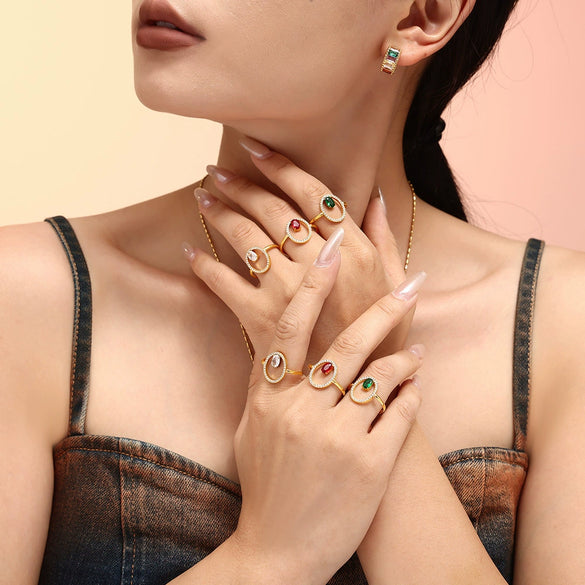 Luxury Geometric Line Opening Adjustable Titanium Steel Gold Plated Hand Inlaid Zircon Women's Ring