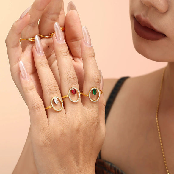 Luxury Geometric Line Opening Adjustable 316L Stainless Steel Gold Plated Handinlaid Zircon Fashion Ring