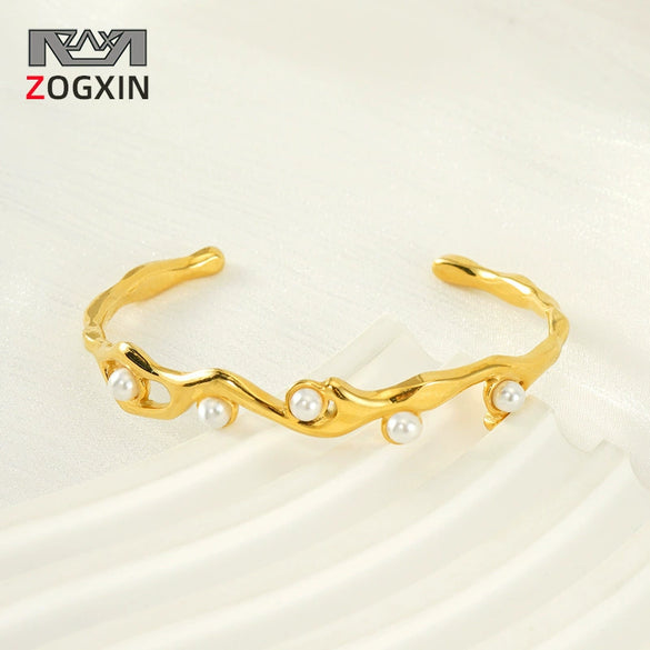 Luxury Pearl Design Titanium Steel 18K Gold Electroplated Bracelet For Female
