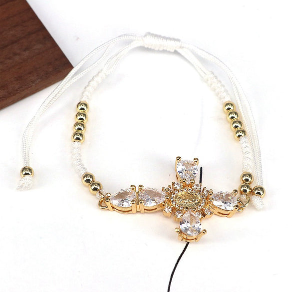 Luxury Retro Color Zircon Women's Gold Plated Adjustable Cotton Rope Bracelet Jewelry