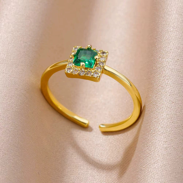 Luxury Retro Goldplated Heart Emerald Ring With Diamonds Copper Synthetic Zircon Geometric Style For Women
