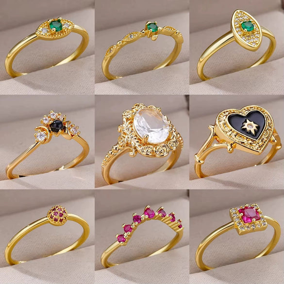 Luxury Retro Goldplated Heart Emerald Ring With Diamonds Copper Synthetic Zircon Geometric Style For Women