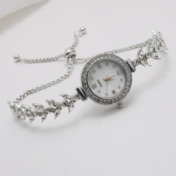 Luxury Rhinestone Adjustable Women's Watch Strap Bracelet Stainless Steel And Alloy Material Round Shape Leisure Style