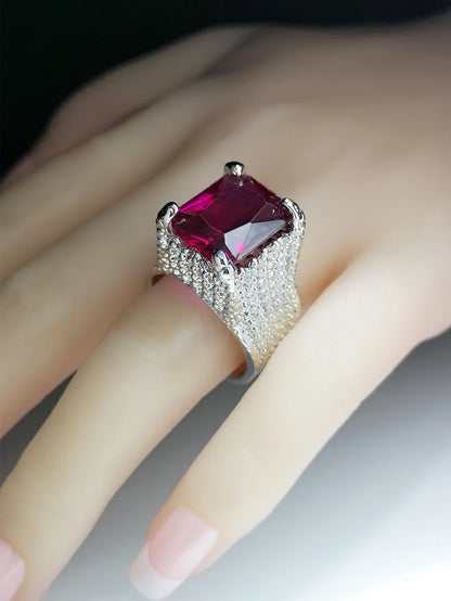 Luxury Rhinestone Inlaid Square Ruby Silver Alloy Rings