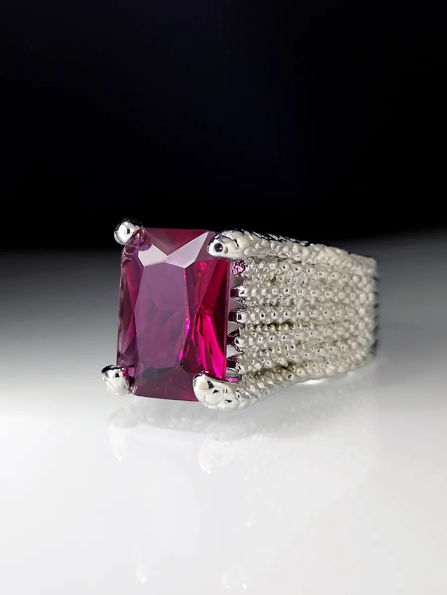 Luxury Rhinestone Inlaid Square Ruby Silver Alloy Rings