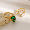 Luxury Stainless Steel Open Ring With Green Water Drop Zircon And Electroplating Treatment For Women