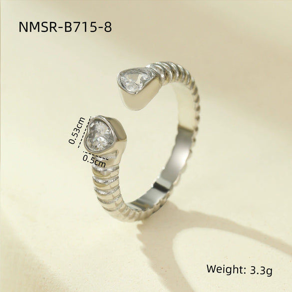 Luxury Stainless Steel Ring With Square Zircon Inlaid Electroplated Peach Heart And Round Shapes