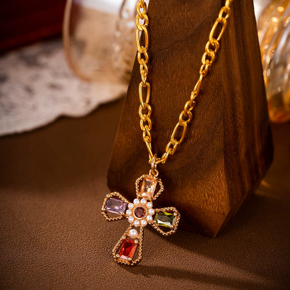 Luxury Women's Long Earrings Copper Gold Plated Color Zircon Exaggerated Personality Cross