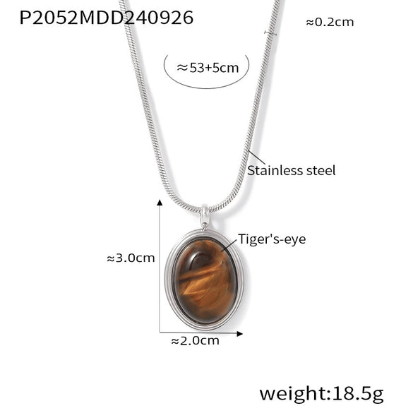 Maillard Style Autumn Winter Stacked Oval Tiger Eye Stone Pendant Necklace Light Luxury Stainless Steel Non Fading Regular Chain Electroplated