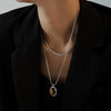 Maillard Style Autumn Winter Stacked Oval Tiger Eye Stone Pendant Necklace Light Luxury Stainless Steel Non Fading Regular Chain Electroplated