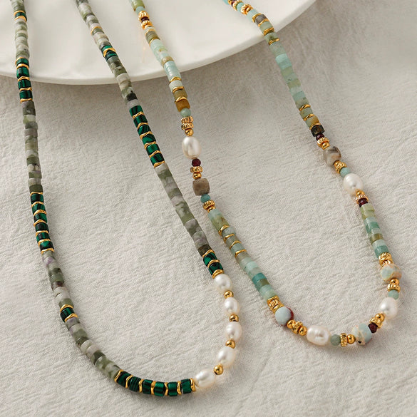 Malachite Freshwater Pearl Stone Handmade Retro Geometric Women's Necklace