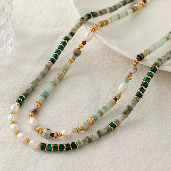 Malachite Freshwater Pearl Stone Handmade Retro Geometric Women's Necklace