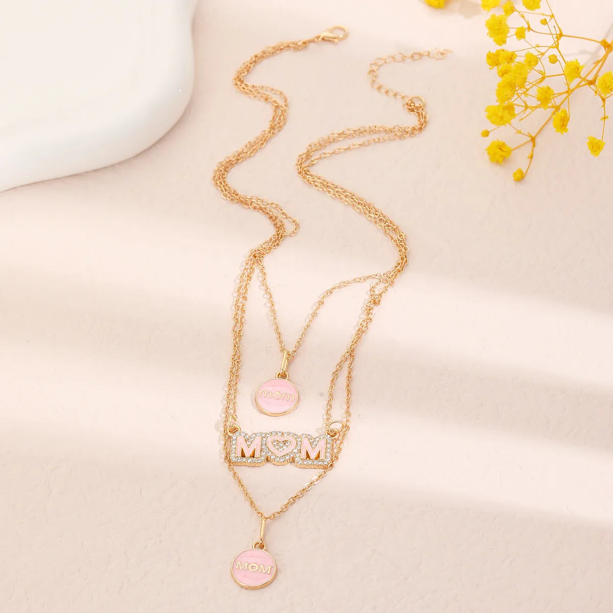 MAMA Simple Style Round Letter Alloy Enamel Inlay Rhinestones Mother'S Day Women'S Layered Necklaces