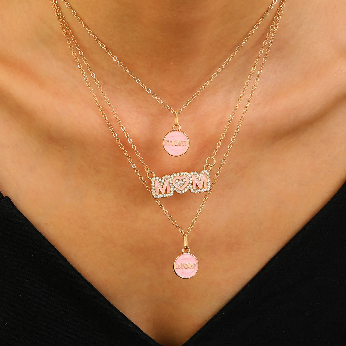 MAMA Simple Style Round Letter Alloy Enamel Inlay Rhinestones Mother'S Day Women'S Layered Necklaces