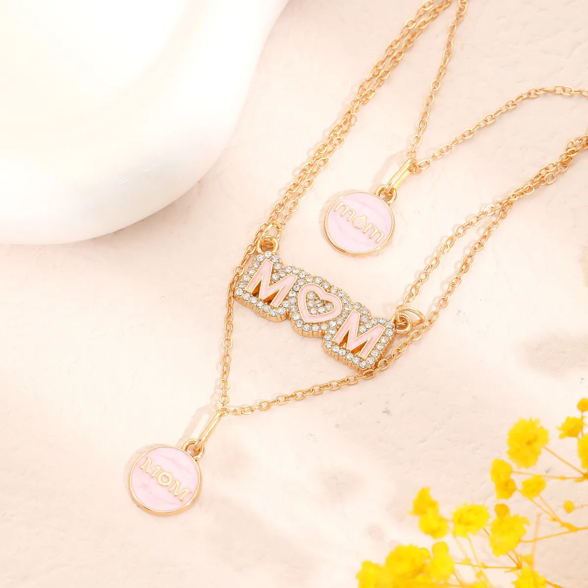 MAMA Simple Style Round Letter Alloy Enamel Inlay Rhinestones Mother'S Day Women'S Layered Necklaces