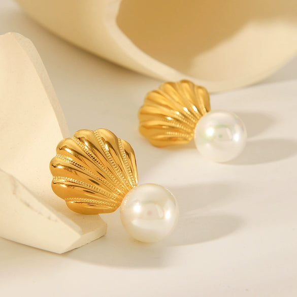 Marine Element Stainless Steel Scallop Earrings Geometric Style Electroplating For Women