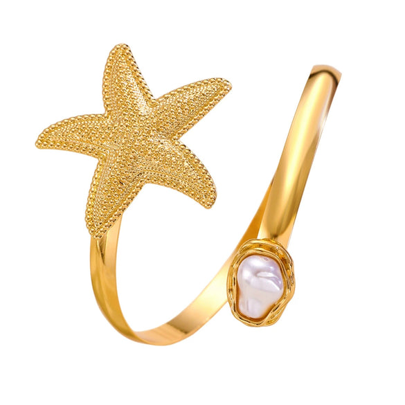 Marine Sea Star Imitation Pearl Opening Adjustable Upper Arm Bracelet For Women Made Of Mixed Materials With Electroplating Design