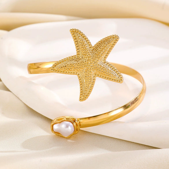 Marine Sea Star Imitation Pearl Opening Adjustable Upper Arm Bracelet For Women Made Of Mixed Materials With Electroplating Design