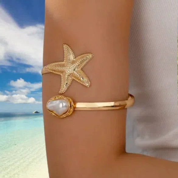 Marine Sea Star Imitation Pearl Opening Adjustable Upper Arm Bracelet For Women Made Of Mixed Materials With Electroplating Design