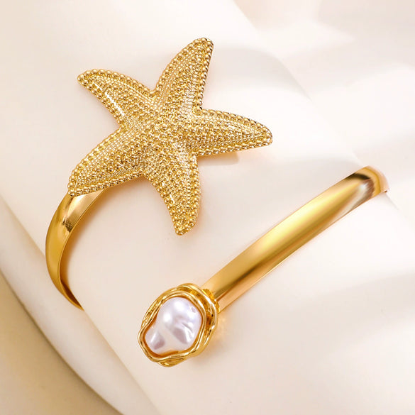 Marine Sea Star Imitation Pearl Opening Adjustable Upper Arm Bracelet For Women Made Of Mixed Materials With Electroplating Design
